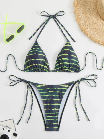 Halter Triangle Bikinis Women Stripe Print Swimsuit Beach Swimwear Female Bathers Bathing Swimming Swim Suit Summer