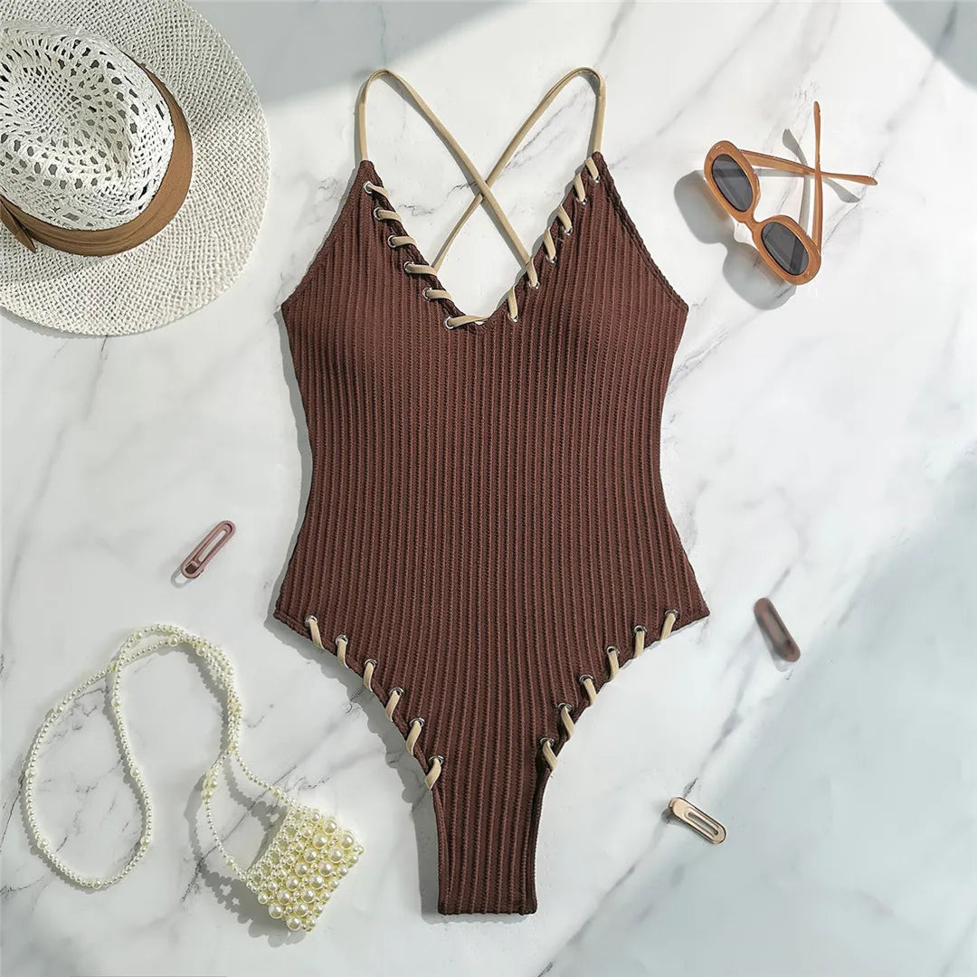 5 Colors V Neck Ribbed Cross Back One Piece Swimsuit Women Swimwear Female High Leg Cut Monokini  Bather Bathing Suit Swim