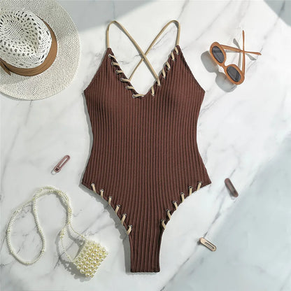 5 Colors V Neck Ribbed Cross Back One Piece Swimsuit Women Swimwear Female High Leg Cut Monokini  Bather Bathing Suit Swim
