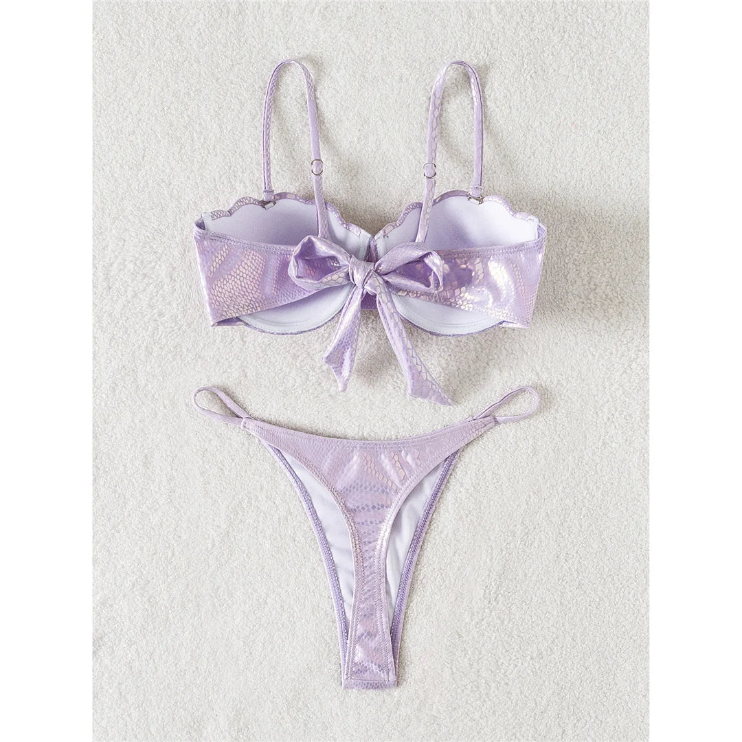 Scalloped Snake Skin Thong Bikini Female Swimsuit Women Swimwear Two-pieces Bikini set Bra Cup Bather Bathing Suit Swim