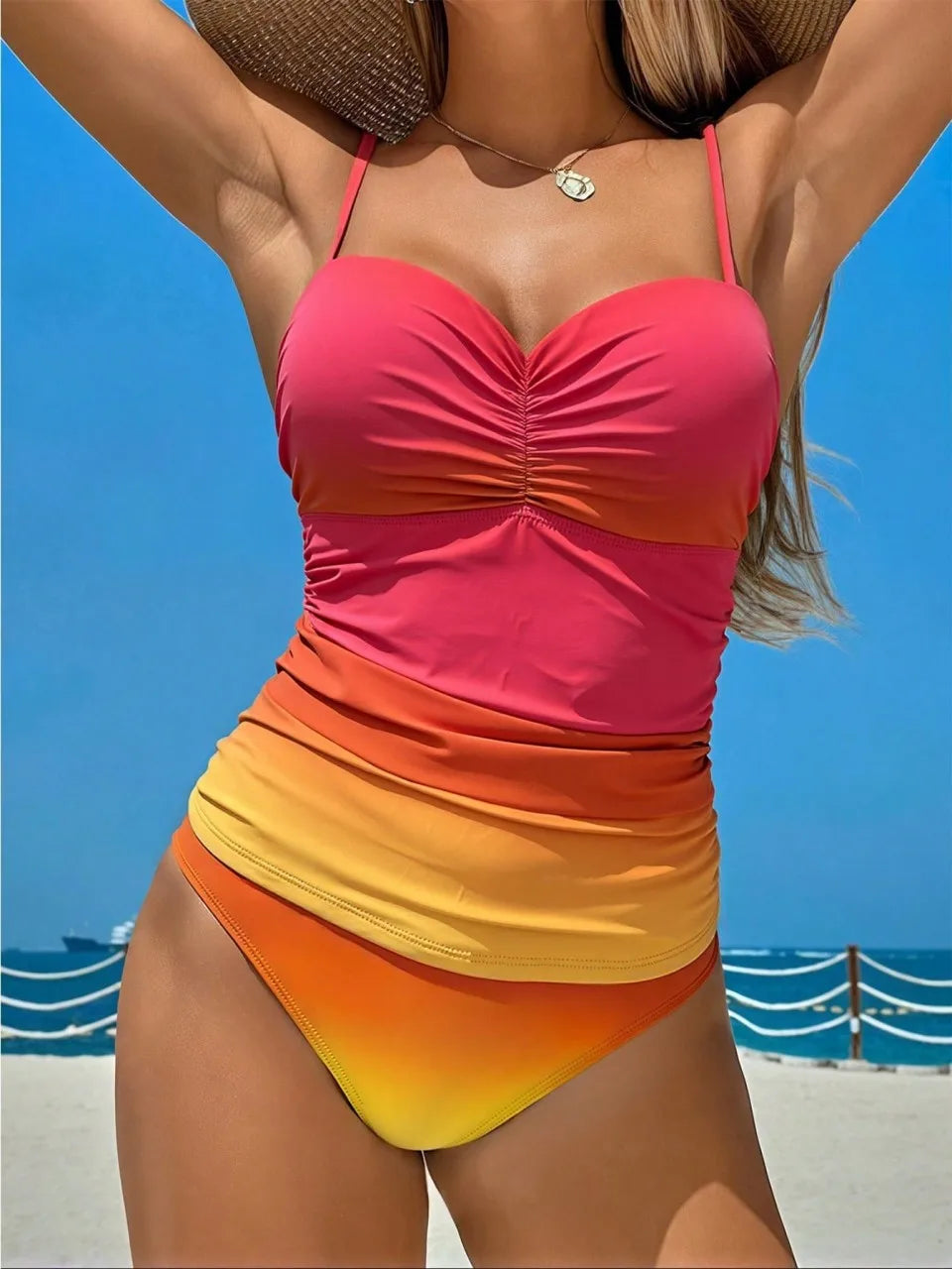 Gradient Printed Swimsuit Sexy Strappy Two Pieces Women Pleated Swimwear Female Bathers Bathing Swimming Swim Suit Beachwear