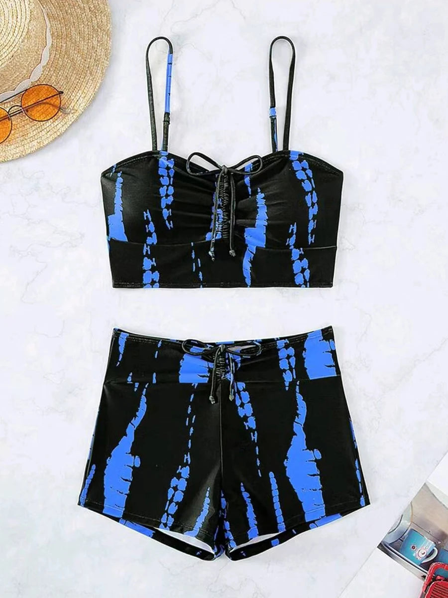 Print String Bikini Swimsuit Women High Waist Shorts Swimwear Female Bathers Bathing Swimming Swim Suit Beachwear