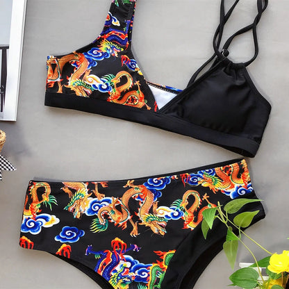 Bikini Push Up Dragon Print Patchwork High Waist Vintage Swimwear Swimsuit Women Bikinis Set Bathing Suit Beach Bikini