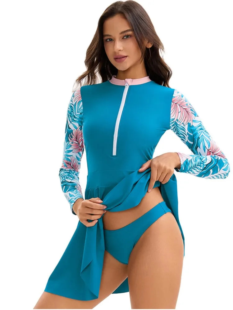Long Sleeves Swimwear Women Surfing Swimsuit Striped Bathing Suits Zipper Two piece Swim Suits Sports Push Up Beach Wear