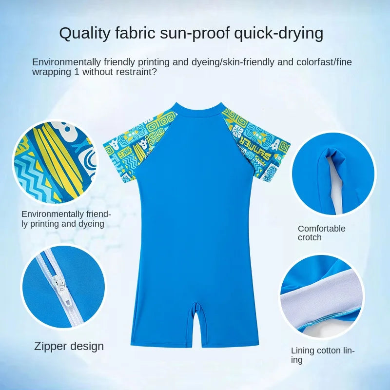 Children's One-Piece Swimsuit, Teen Boys Training Swim Suit, Round Neck, Comfortable Bathing Suit, Big Boys, 2-14Y