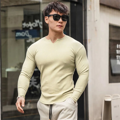 Fashion Casual Compression Shirt Large Sports Workout T-shirt Men's Elastic Long Sleeve Autumn V-Neck Gym