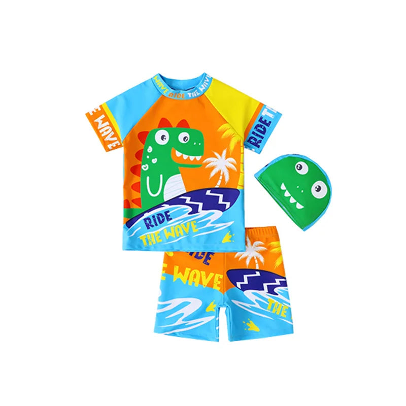Children's Swimsuit Three-Piece Boy's Swimsuit Swim Cap Short-Sleeved Sunscreen Quick-Drying Shorts Swimsuit Swim Cap Set