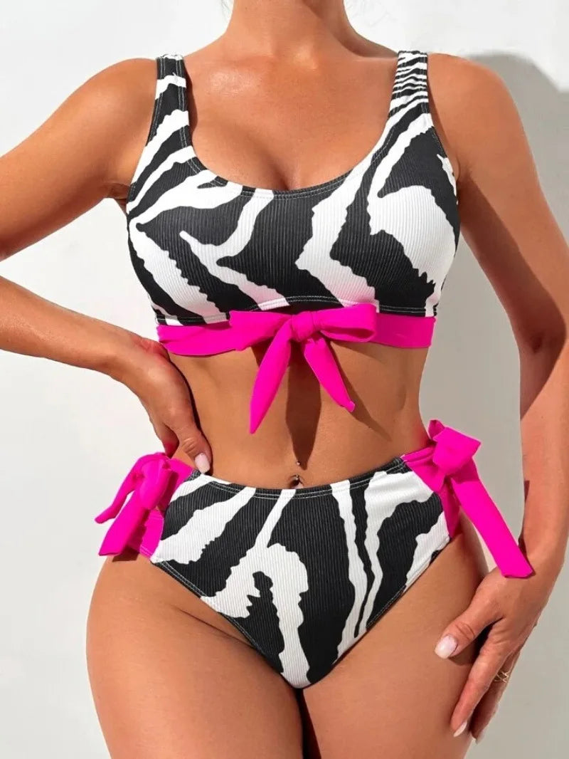Black Zebra Print Bow Patchwork Bikini Set Women Push Up High Waist Swimsuit Beach Bathing Suit Two Piece Swimwear