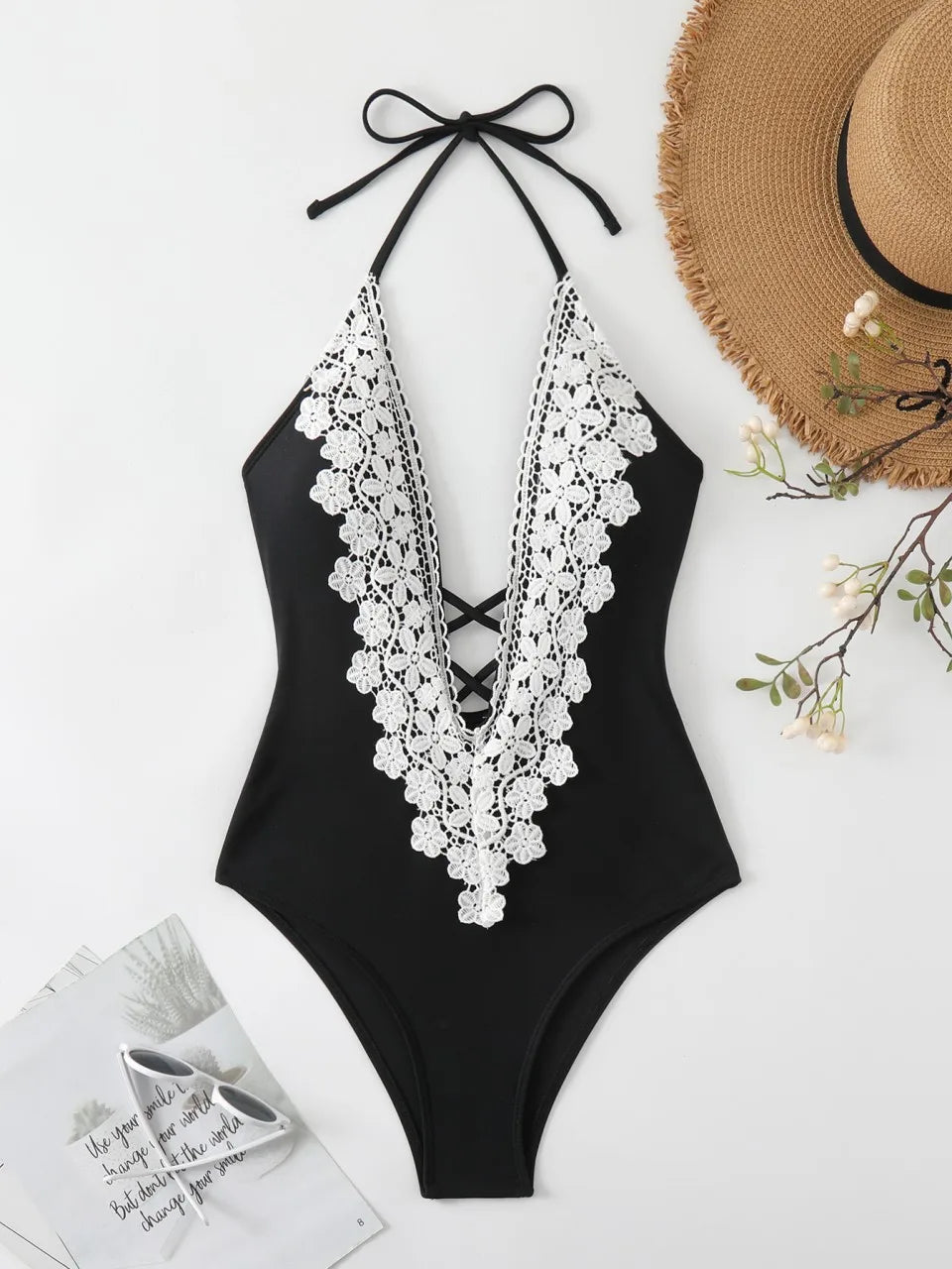 Halter String Swimsuit Women One Piece Black Lace Backless Swimwear Female Monokini Bathing Swimming Suit Beachwear