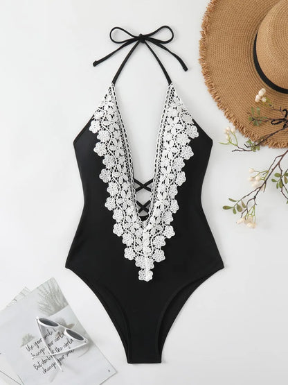 Halter String Swimsuit Women One Piece Black Lace Backless Swimwear Female Monokini Bathing Swimming Suit Beachwear