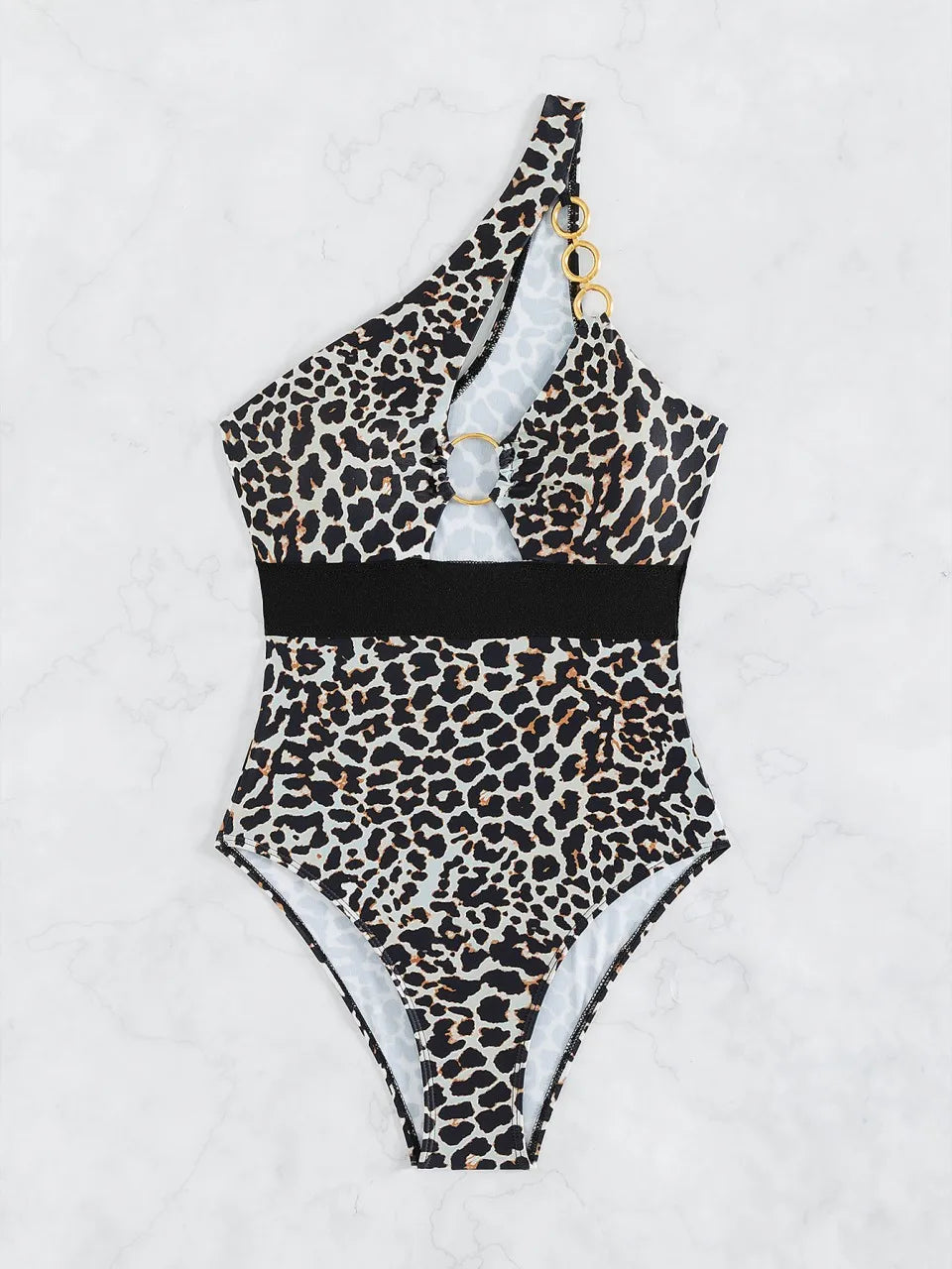 One Shoulder Leopard Swimsuit Women One Piece Ring Linked Swimwear Female Hollow Bodysuit Bathing Swimming Suit Beachwear