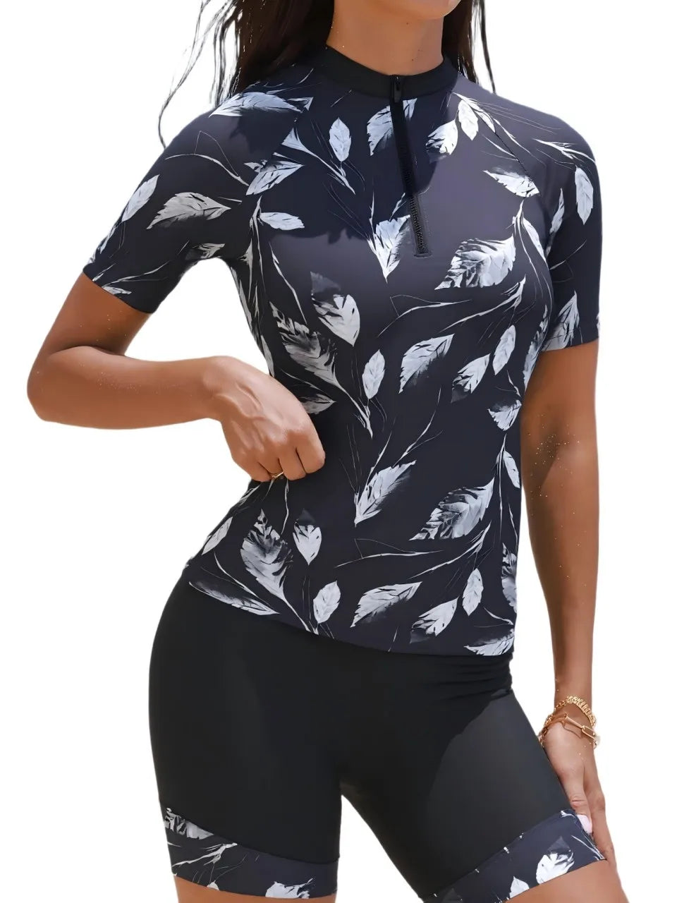 Short Sleeve Tankini Leaf Printed Swimsuit Women Two Pieces Zipper Swimwear Female Bathing Swimming Suit Beachwear