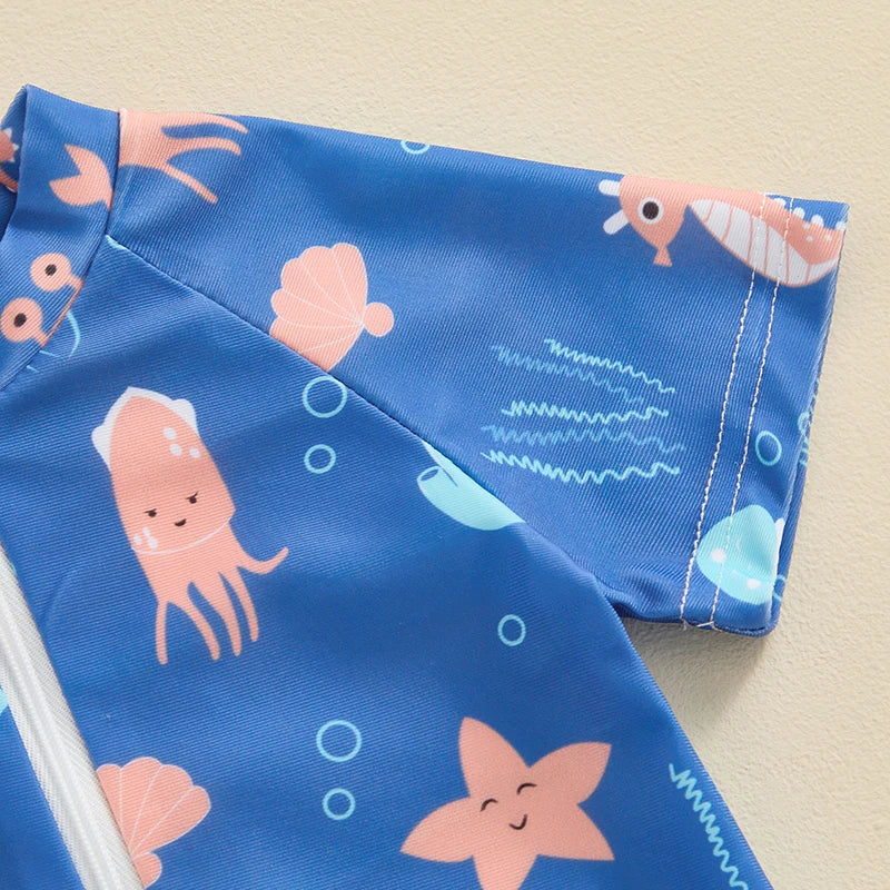 0-36months Toddler Boys Rash Guard Swimwear Cartoon Marine Print Swimsuits For Boys Front Zipper One_piece Bathing Suits