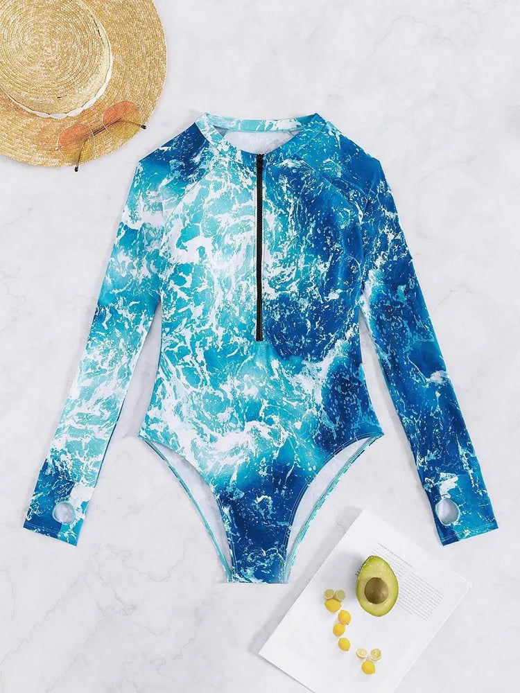 Surfing Suit Long Sleeve Swimwear Women Rash Guard Sporty Swimsuit One-Piece Bath Suit Zipper Beachwear Monokini