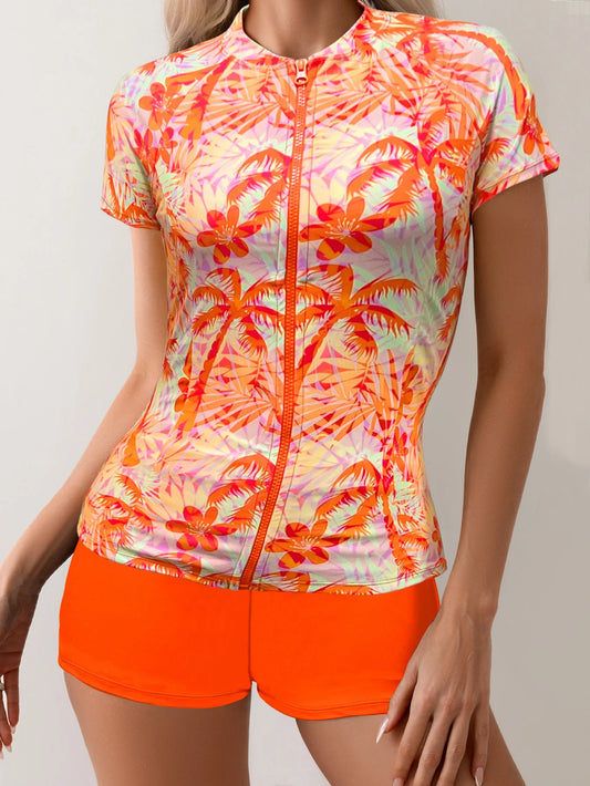 Women's 2 Piece Rash Guard Set Tropical Palm Print Zipper Short Sleeve Swim Top with Orange Boy Shorts UPF 50+