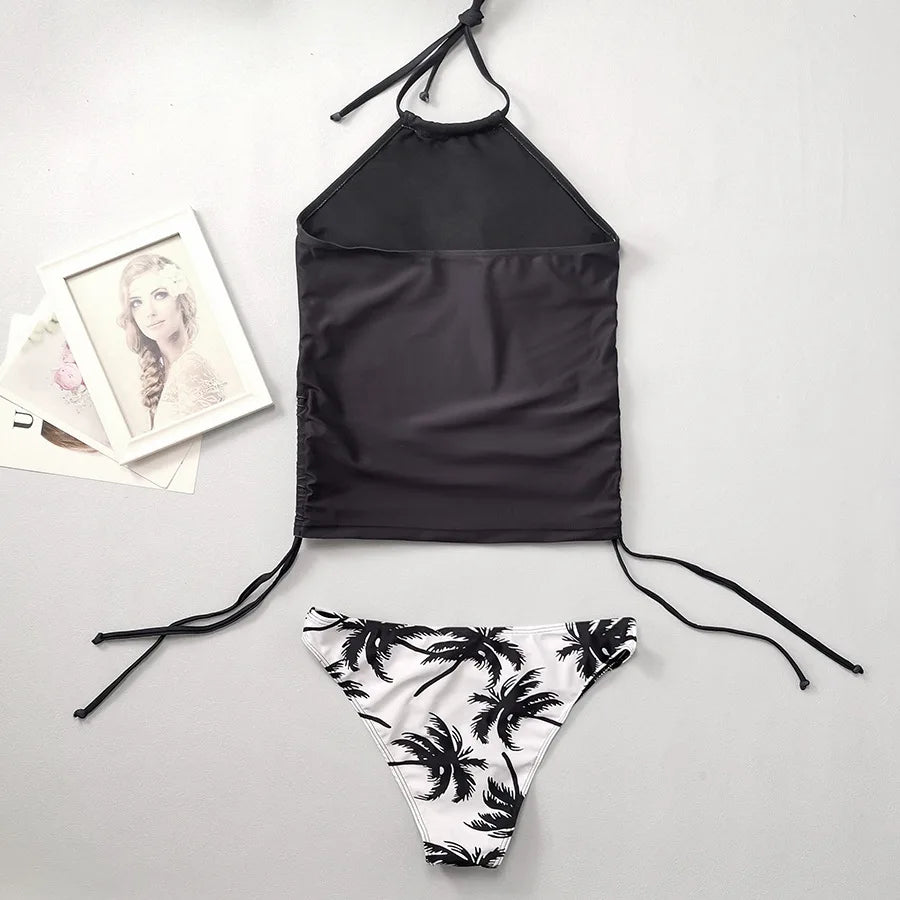 Solid Print Tankini Set Tied Halter Swimsuit Women Swimwear Biquinis Summer Backless Beach Bathing Suit