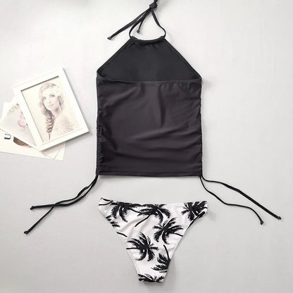Solid Print Tankini Set Tied Halter Swimsuit Women Swimwear Biquinis Summer Backless Beach Bathing Suit