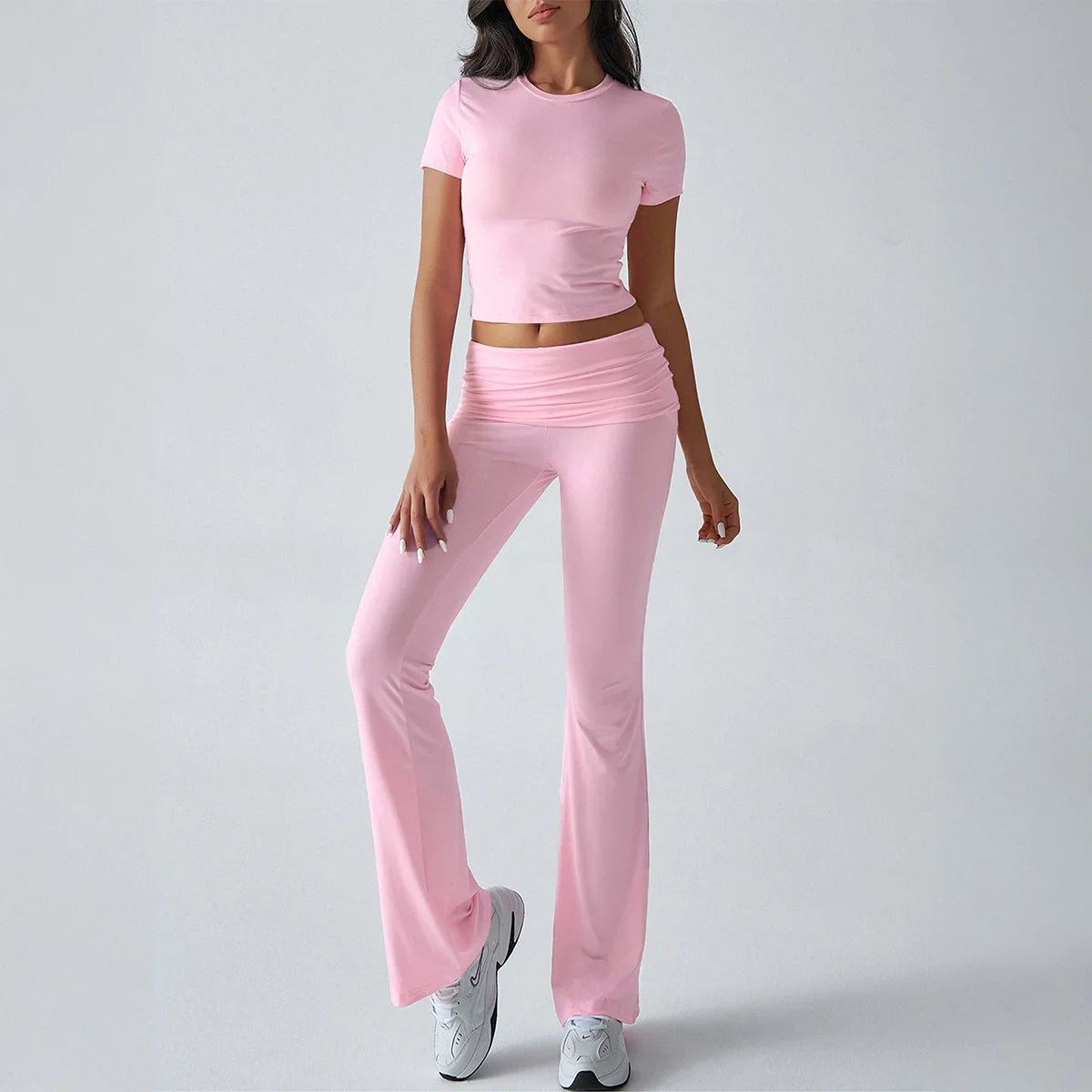 Foldable 2PCS Yoga Set Women Short Sleeve Crop Top Slim Fit High Waist Flare Leggings Fitness Suit Workout Gym Running Tracksuit