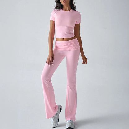 Foldable 2PCS Yoga Set Women Short Sleeve Crop Top Slim Fit High Waist Flare Leggings Fitness Suit Workout Gym Running Tracksuit