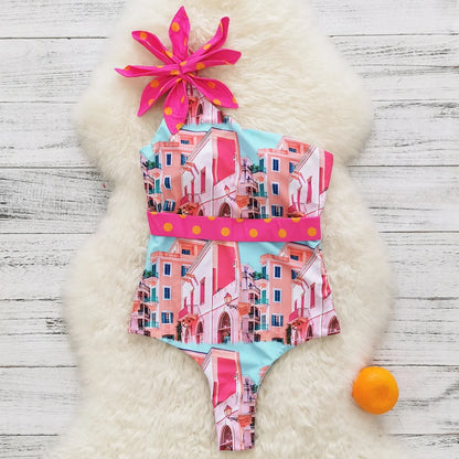 Ruffle Print Floral One Piece Strappy One shoulder Swimwear Women Swimsuit Bathing Suit Backless Beachwear Monkini