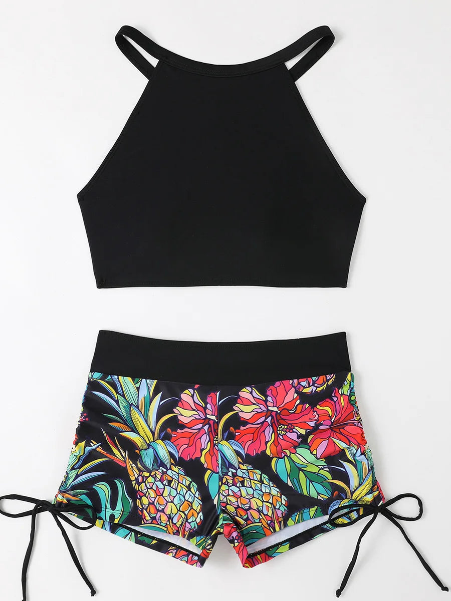 Print High Waist Swimsuit Women High Neck Bikini Drawstring Swimwear Female Bathers Bathing Swimming Swim Suit Beachwear