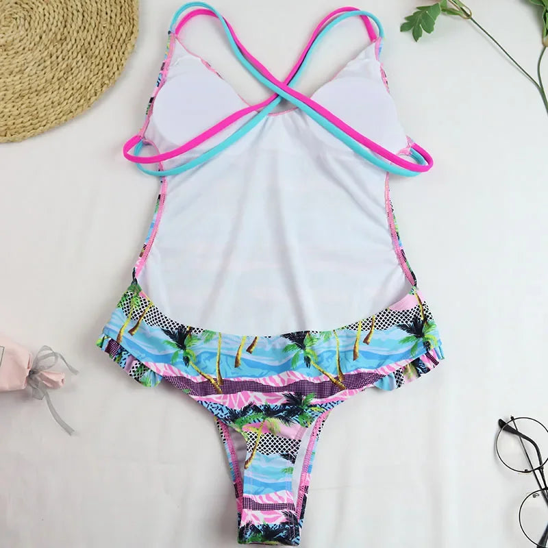 One Piece Swimsuit Swimwear Women Ruffled Double Cross Straps V-neck Coconut Tree Flower Print Bathing Suit Beachwear