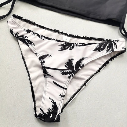 Solid Print Tankini Set Tied Halter Swimsuit Women Swimwear Biquinis Summer Backless Beach Bathing Suit