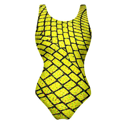 Geometric Art Swimsuit Yellow Brick Road Print One-Piece Swimwear Push Up Elegant Monokini Beach Pattern Swimsuits