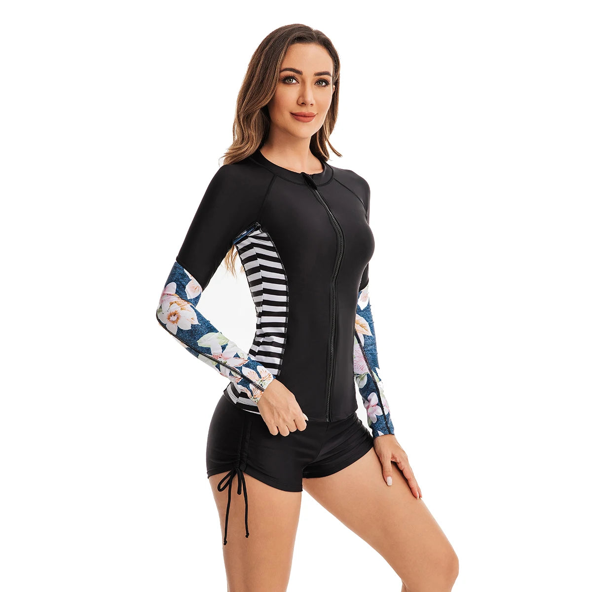 Women's Two Piece Long Sleeve Bathing Suits UV Protection Rash Guard Surfing Swimsuit Print Tankini Set Zip Padded Shirt+Shorts