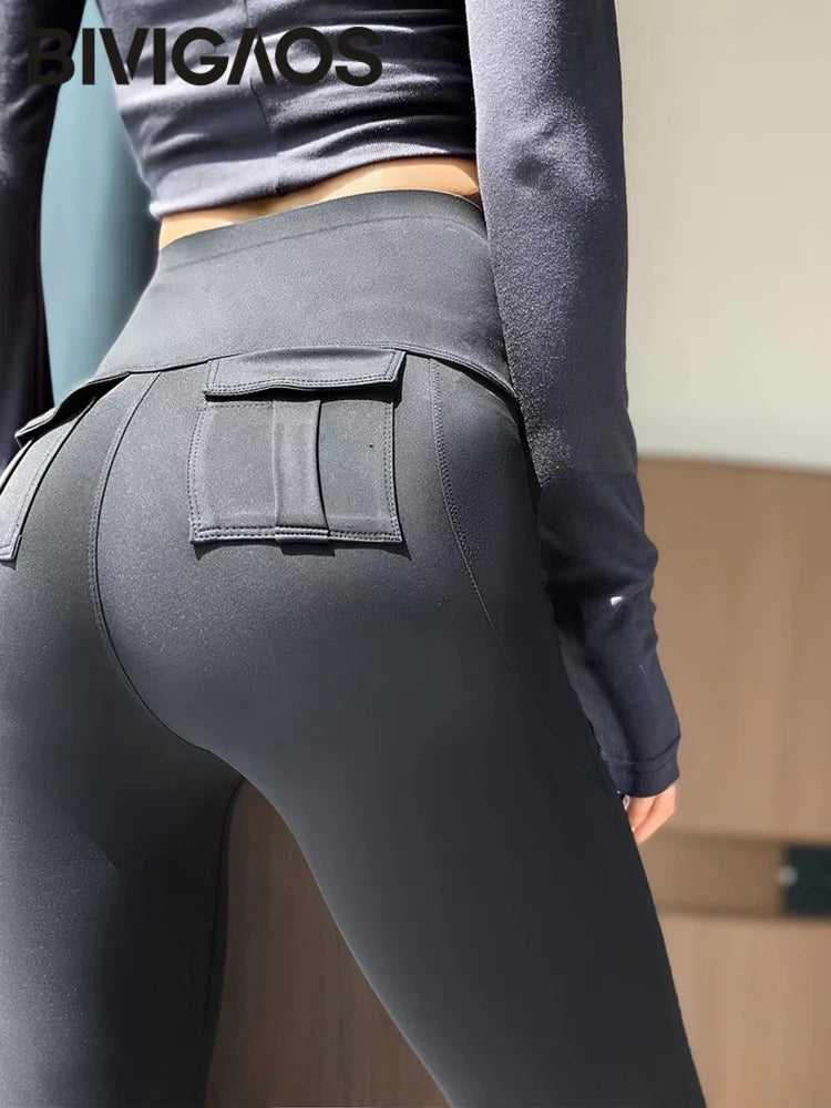 Pocket Sharkskin Cargo Leggings Women High Waist Tight-Fit Elastic Fitness Sport Leggings