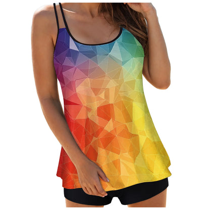 Women's Abstract Print Tankini Swimsuits Double Stretch Strap Crew Neck Cover Tummy Tops and Solid Shorts Conservative Swimwear