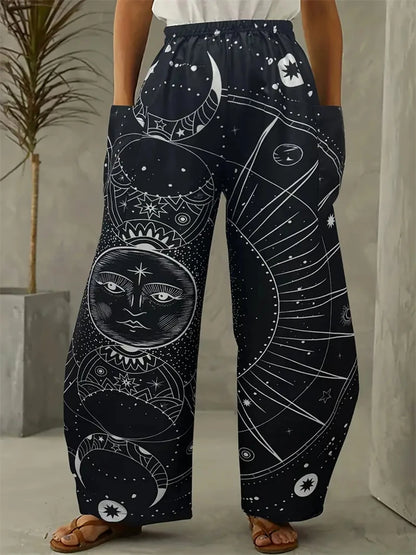 Simple Star And Moon Abstract Sun Print Pants Fashionable European And American Ladies Wide-leg Pants Delicate And Elegant Pants
