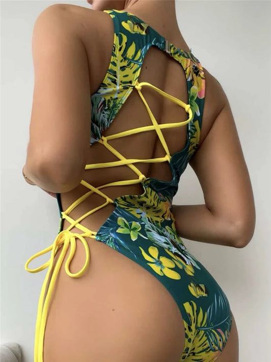 Lace Up Back Swimsuit One Piece Printed Swimwear Women Backless Bathing Swimming Suit Female Padded Beachwear Bodysuit