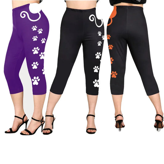 ROSEGAL 5XL Cat Pad Printed Capri Leggings for Female Seamless Skinny Pants High Stretch Mid-Calf Casual Trouser Graphic Jegging