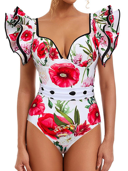Ruffle Push Up Swimwear Women One Piece Floral Swimsuit Vintage Bather Bathing Swimming Swim Suit Beachwear Summer Bodysuit