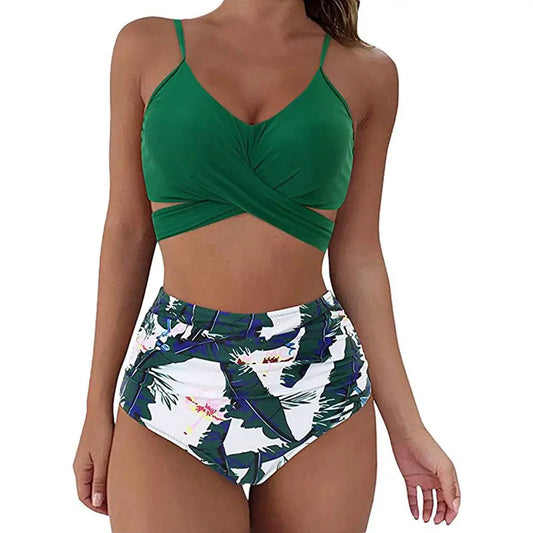 12 Colors Women Slim Bikini Sets High Waisted Swimwear 2 Pieces Solid/Floral Ruched Brazilian Swimsuit Cross Front
