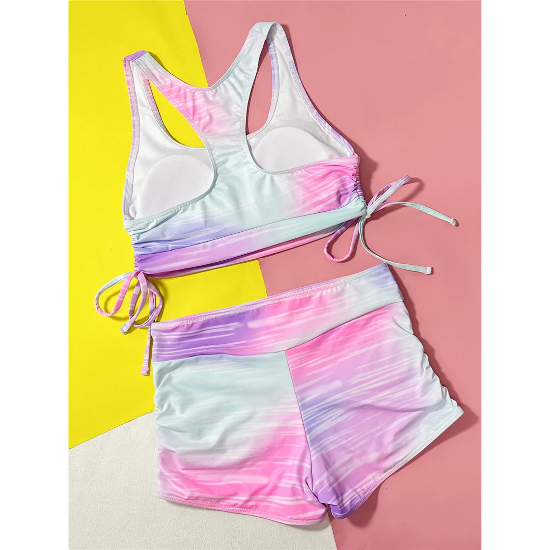 Tie Dye Lace Up Shorts Female Swimsuit High Waist Bikini Women Swimwear Two-pieces Bikini set Bather Bathing Suit Swim