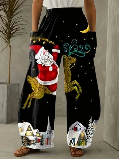 Women's Wide Leg Pants Christmas Tree Printed Trousers Women's Casual Christmas Gifts Elegant And Exquisite Pants