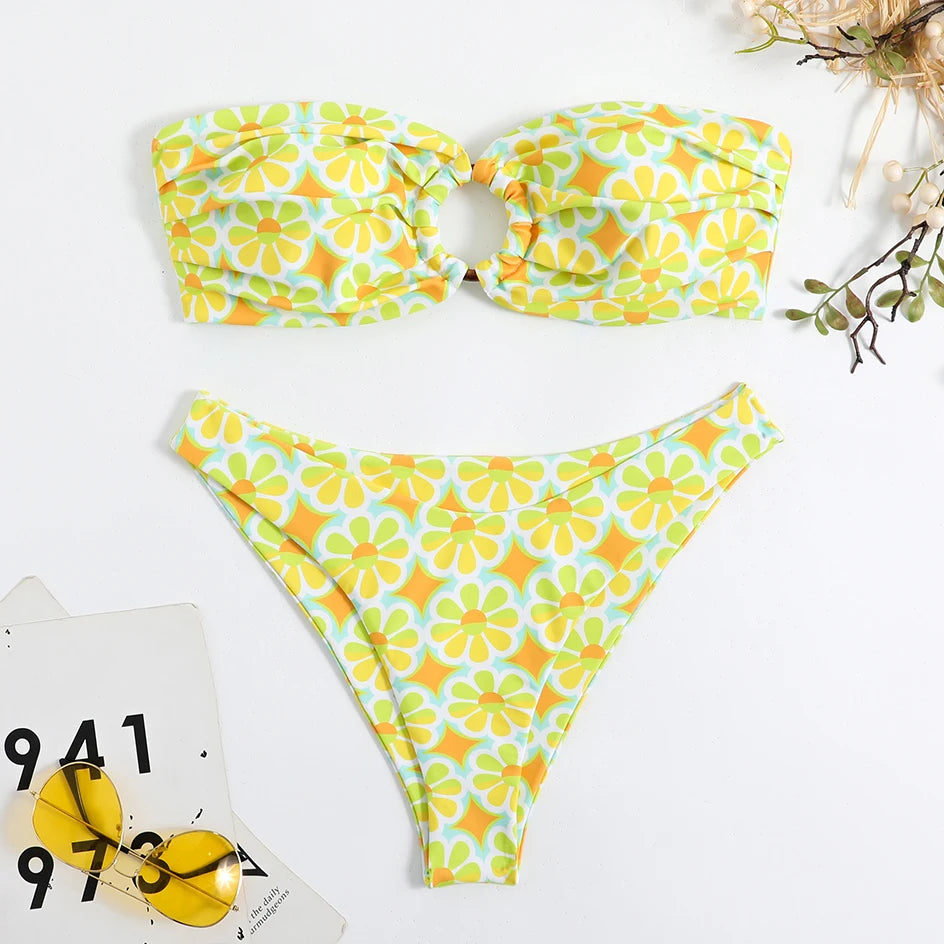 Floral Bikinis Bandeau Swimsuit for Woman Female Swimwear Women Thong Bikini Set Summer Swim Beach Wear Bathing Suits