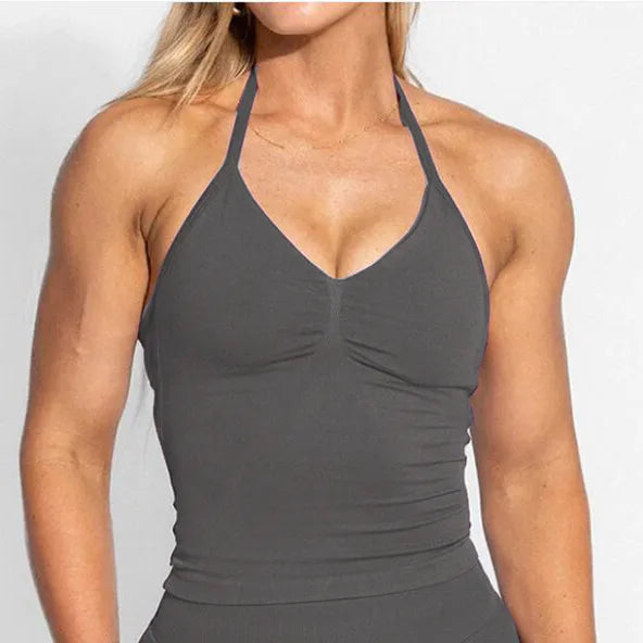D-impact V Neck Gym Top Yoga Bra Longline Halter Women Seamless Sports Running Tank Fitness Workout Active Wear