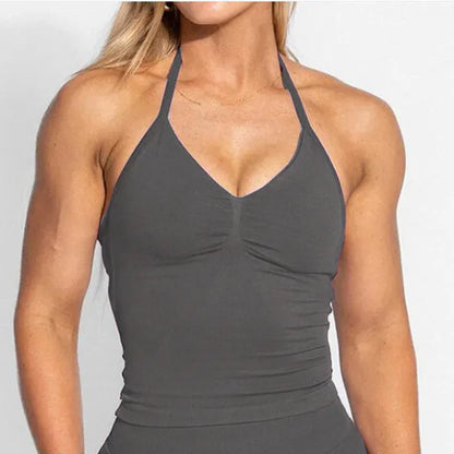 D-impact V Neck Gym Top Yoga Bra Longline Halter Women Seamless Sports Running Tank Fitness Workout Active Wear