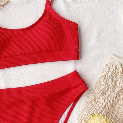 Colourful Ribbed Female Swimsuit High Waist Bikini Women Swimwear Two-piece Bikini set Bather Bathing Suit Swim Lady