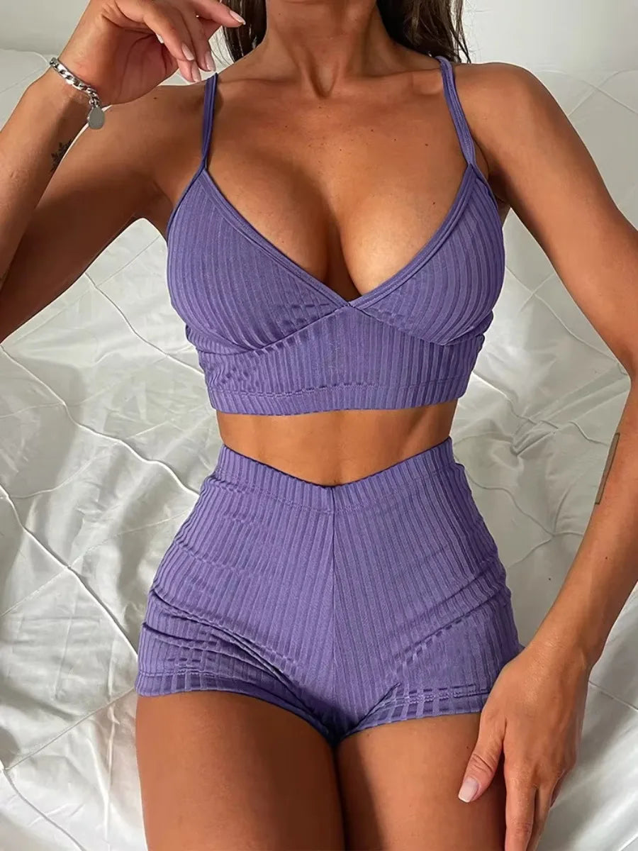 Ribbed Shorts Female Swimsuit High Waist Bikini Women Swimwear Two-pieces Bikini Set Bather Bathing Suit Swim Lady