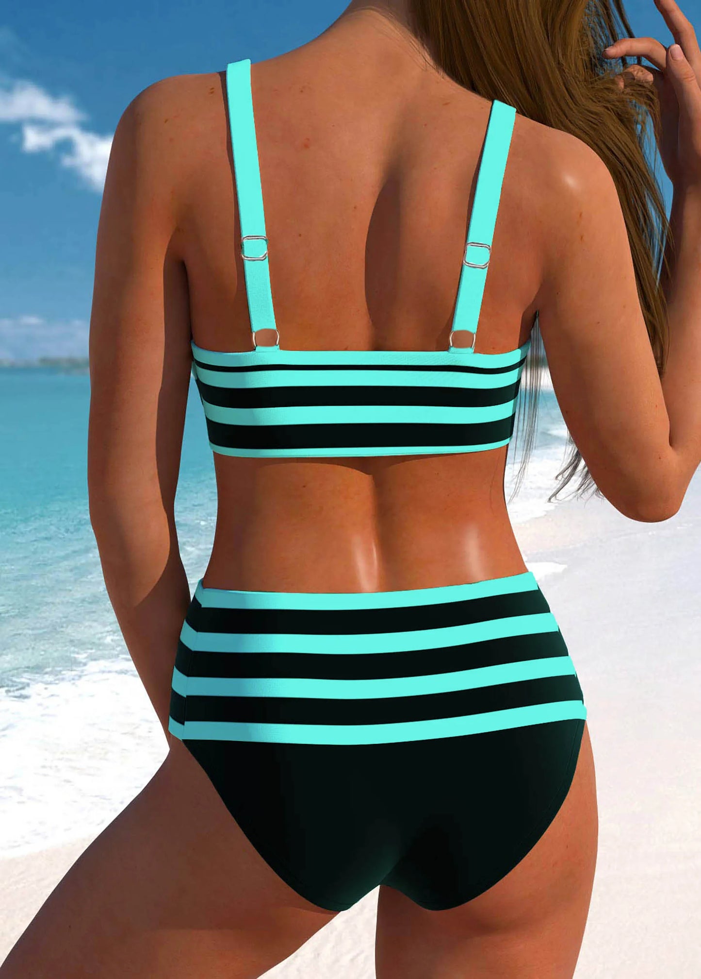 Women's Summer Two-piece Swimsuit with Black and White Printed Lace Up Casual Beach Swimsuit S-6XL