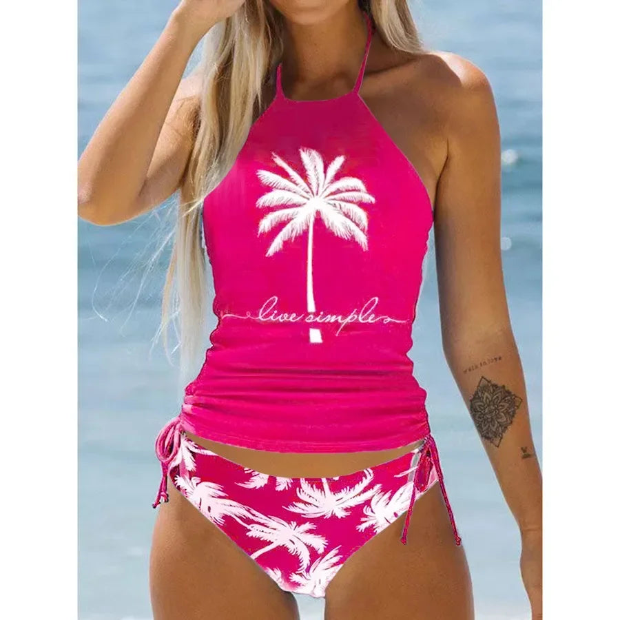 Coconut Tree Print Drawstring Ruched Halter Tankini Set Women 2pcs Clothes Suit Spring Summer Bikini Swimwear Bathing Clothing