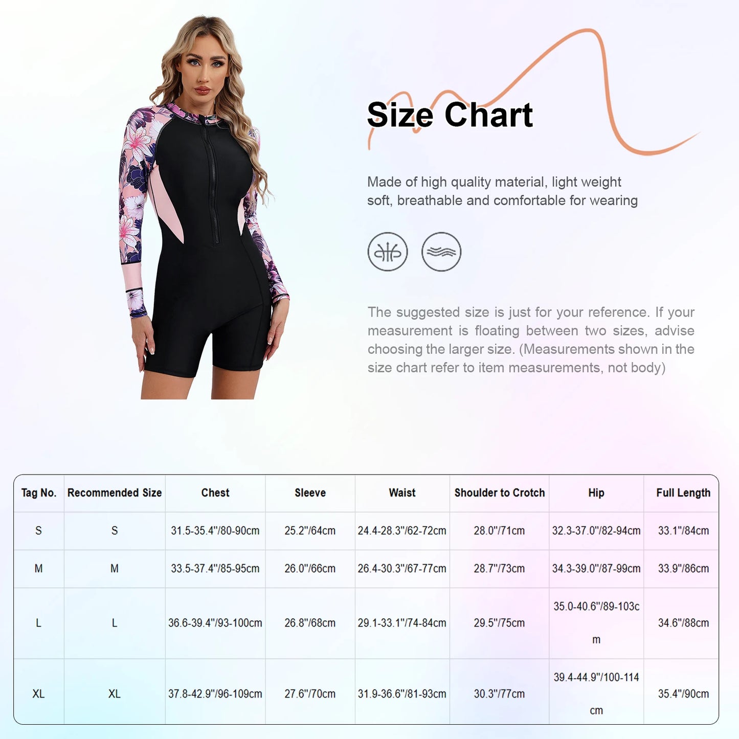 One Piece Floral Print Athletic Swimsuit Swimwear for Women Long Sleeve Zip Front Tropical Plant Surfing Sun Protection Bodysuit