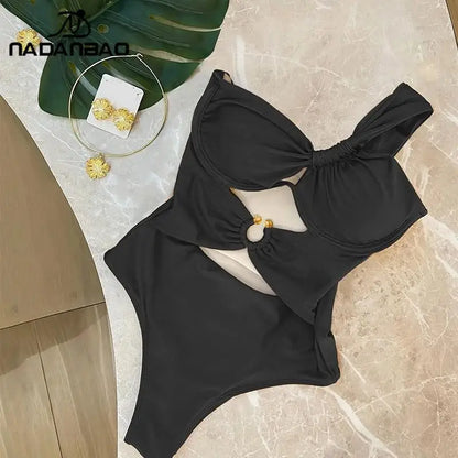 Women One-Piece Swimsuit One Shoulder Padded Swimwear Bikini Set Chain Bathing Suit Beachwear