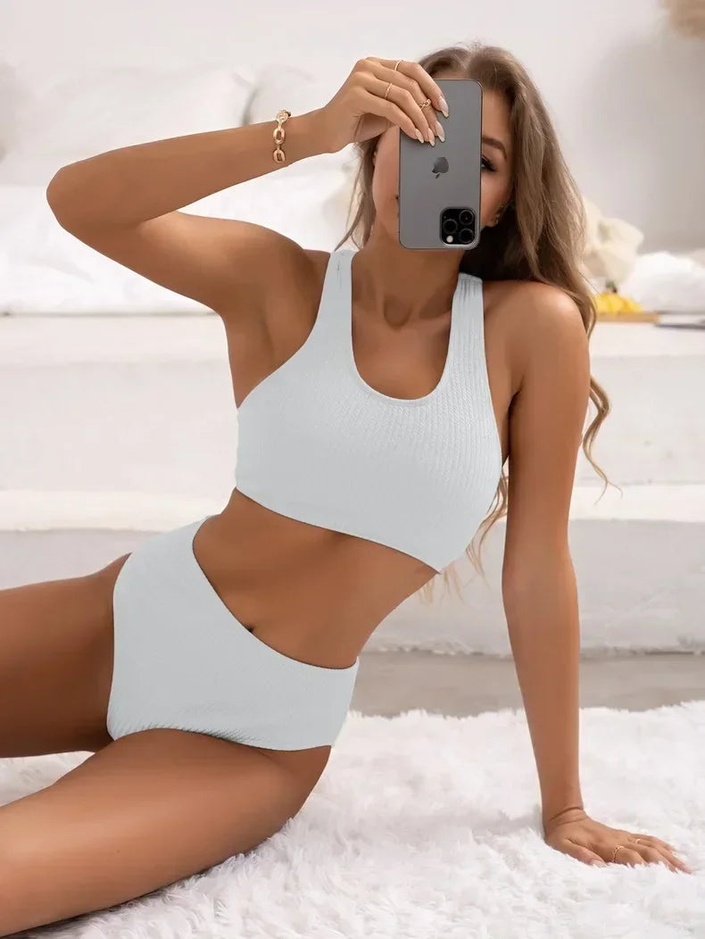 Bikini High Waist Women Swimsuit Solid Ribbed Swimwear Push Up Bikinis Set Summer Beachwear Bathing Suit Female
