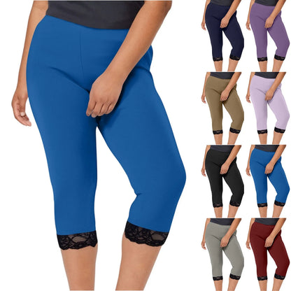 Plus size yoga pants women's fashion large solid color lace splicing bottom pants with elastic waist sports cropped pants