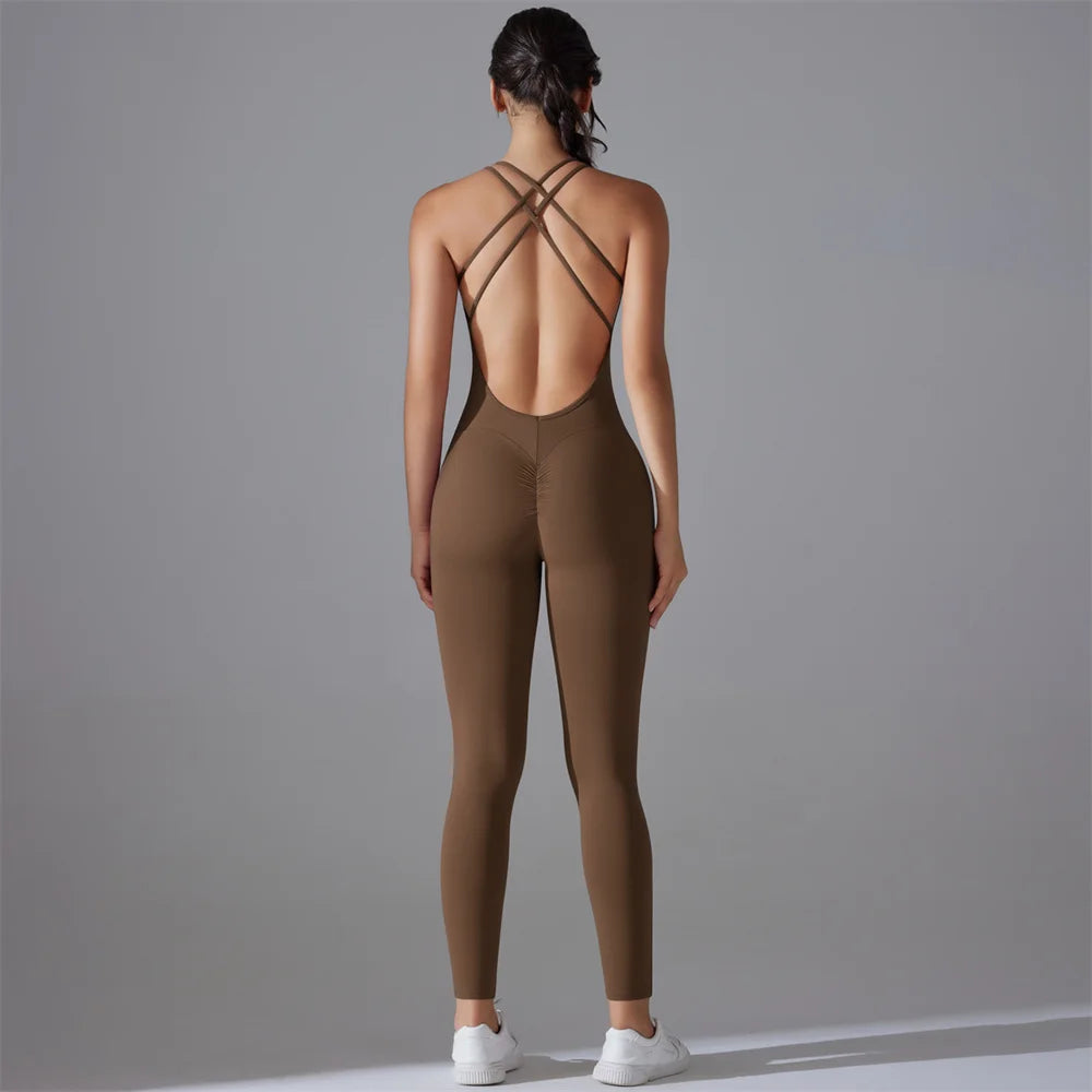 Plus Size S-XL Back V Bodysuits Sports Women Gym Rompers Yoga Set Scrunch Legging Workout One-Piece Jumpsuit Suit Active Wear